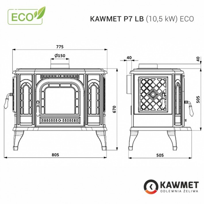Чавунна піч KAWMET P7 LB (10.5 kW) ECO